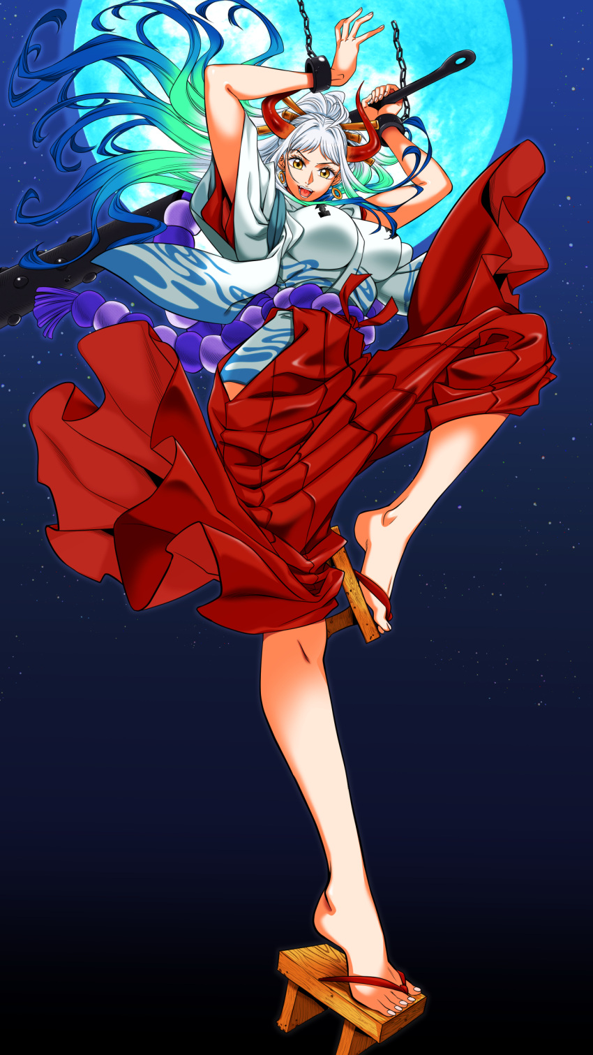 1girl, absurdres, alternate_breast_size, arms_up, bangs, blue_hair, breasts, chain