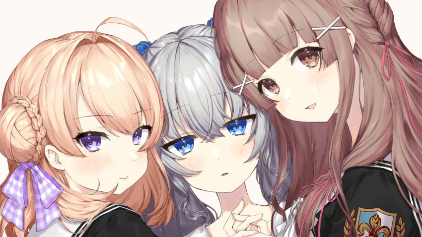 3girls, ahoge, bangs, blonde_hair, blue_eyes, blush, bow, braid