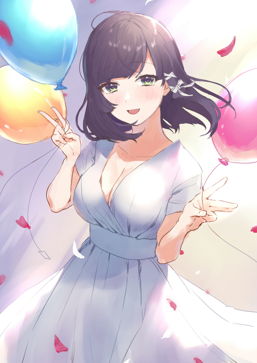 1girl, absurdres, ahoge, balloon, black_hair, blurry, blurry_background, bow