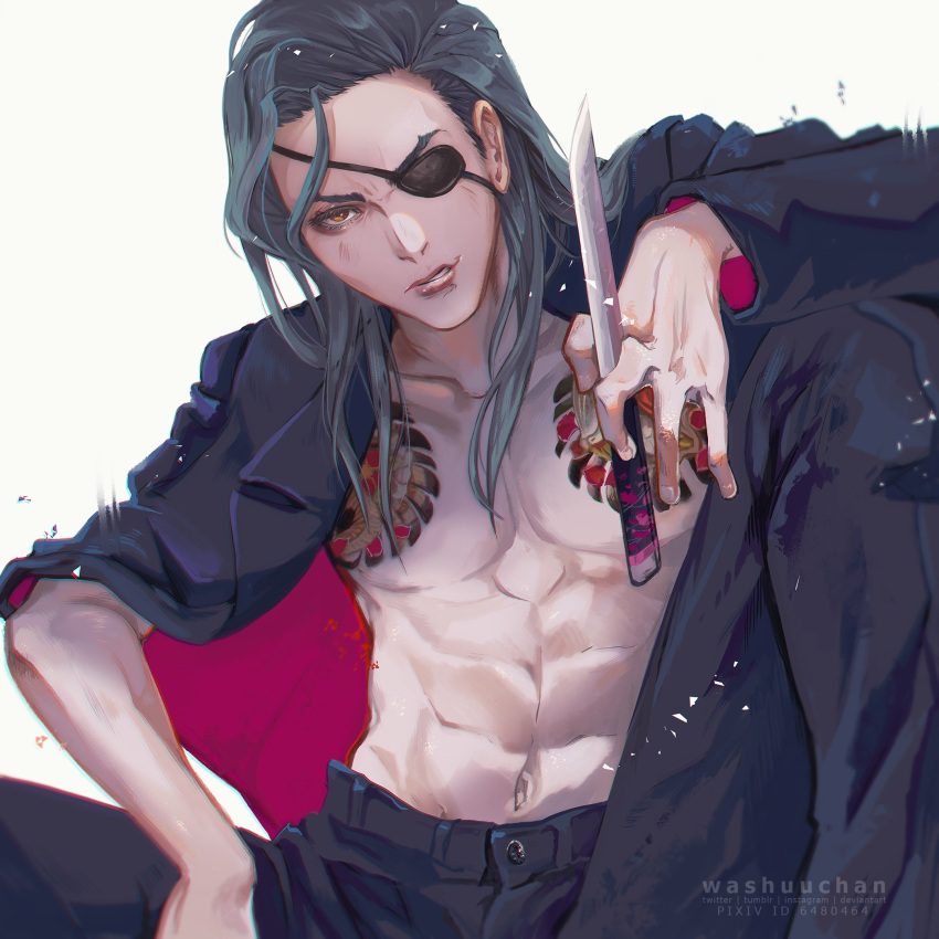 1boy, abs, black_hair, black_pants, brown_eyes, english_commentary, eyepatch, hair_down