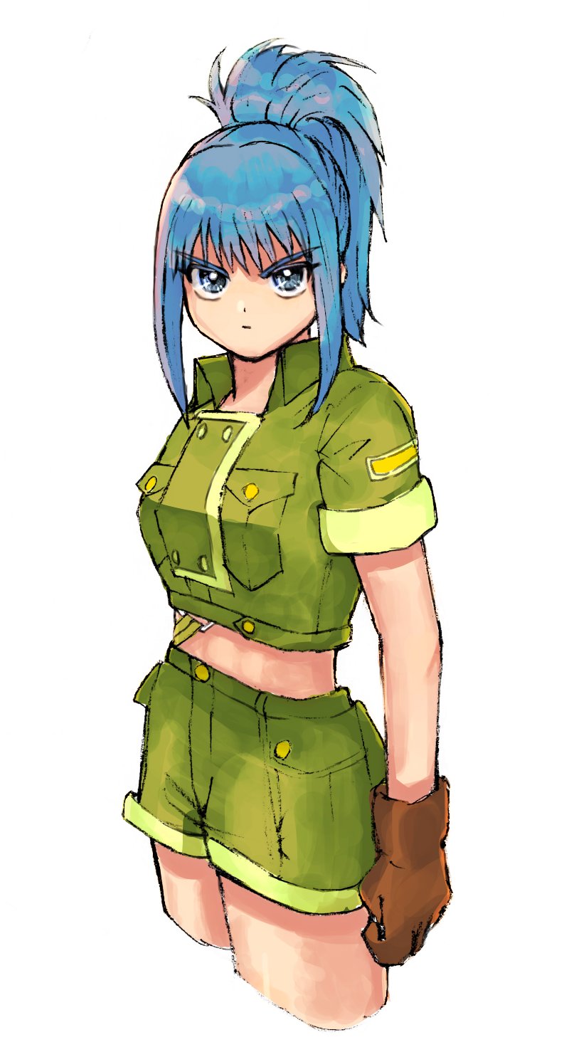 1girl, bamboobamboo68, bangs, blue_eyes, blue_hair, brown_gloves, eyebrows_visible_through_hair, gloves