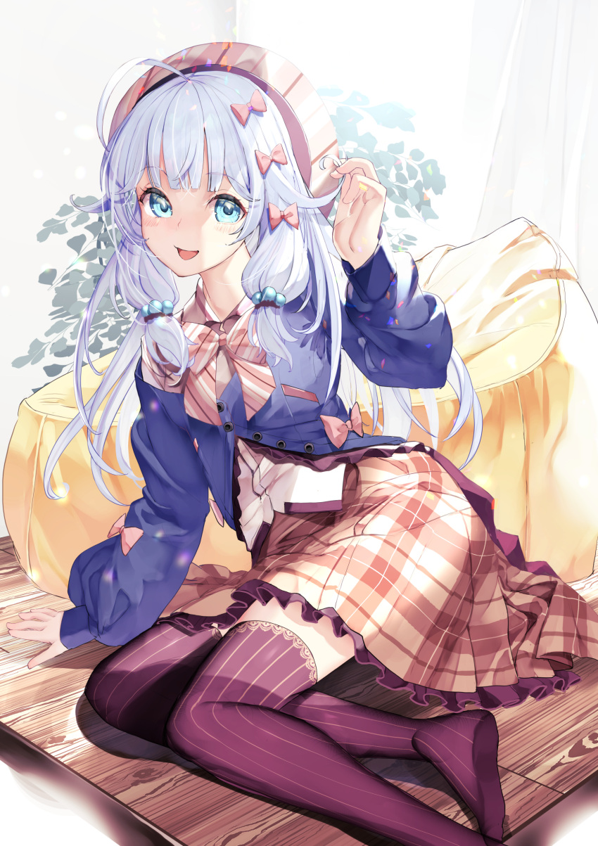 1girl, absurdres, antenna_hair, beret, black_legwear, blue_cardigan, blue_eyes, blue_hair