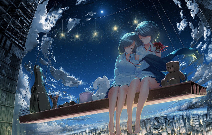 2girls, bangs, bare_legs, bear, black_hair, blue_skirt, blue_sky, bucket
