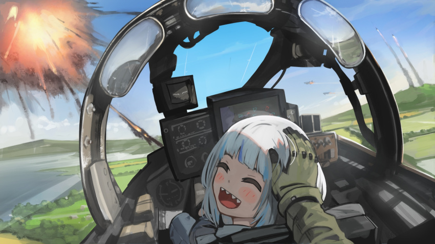 1girl, bangs, blue_hair, blunt_bangs, blush, closed_eyes, cockpit, english_commentary