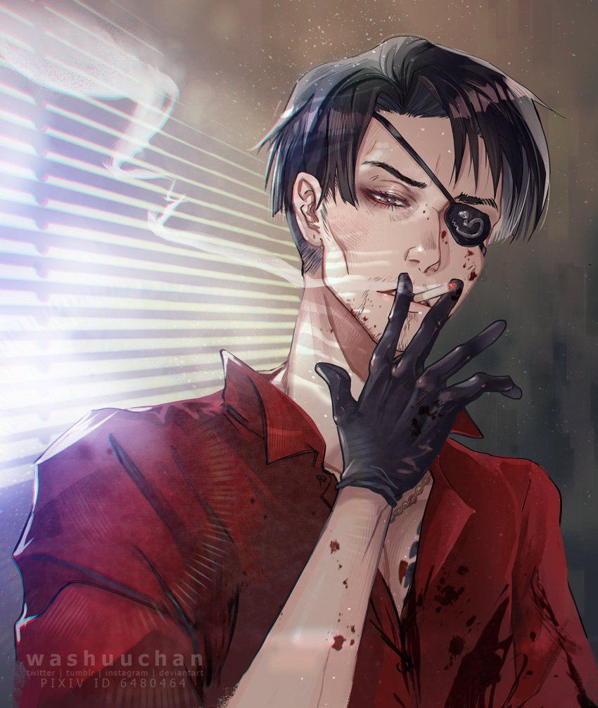 1boy, after_battle, blood, blood_on_clothes, blood_on_face, chain_necklace, cigarette, eyebrows