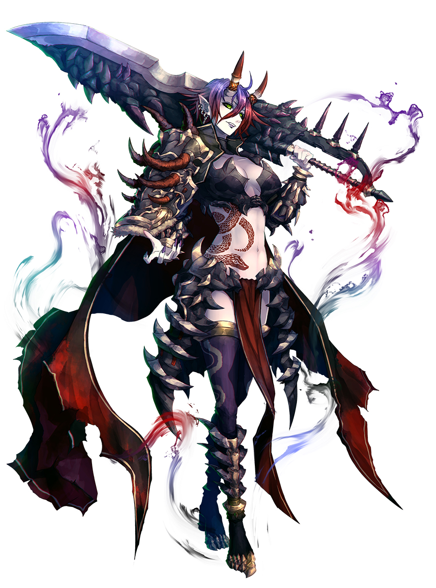1girl, ahoge, armor, artist_request, aura, black_sclera, cape, collarbone