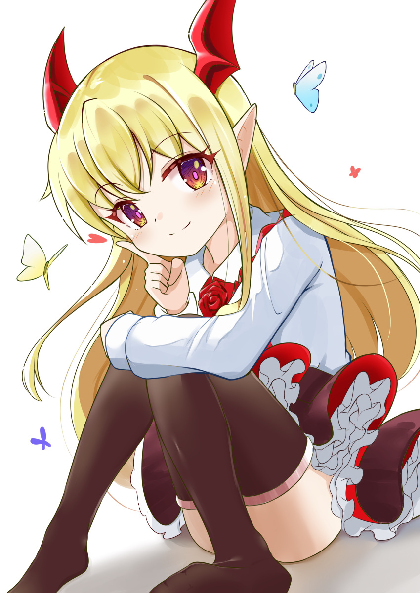 1girl, absurdres, bangs, black_legwear, blonde_hair, blue_butterfly, bug, buri-chan_(britishpine1989)