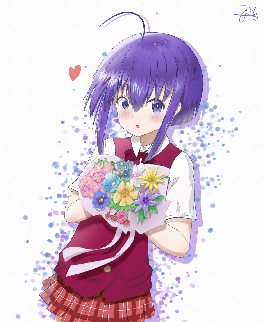 1girl, absurdres, ahoge, birthday, blush, bow, buulian, flower