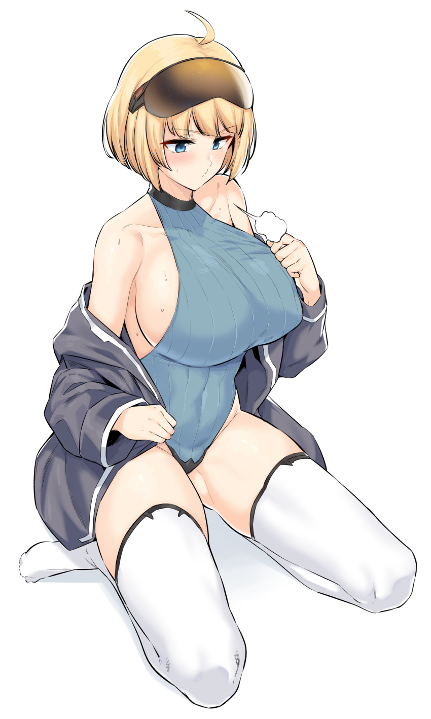 1girl, absurdres, ahoge, blonde_hair, blue_eyes, blue_leotard, breasts, covered_navel, eyebrows, eyelashes, goggles, goggles_on_head, griffon_(last_origin), highres, huge_breasts, kook, last_origin, leotard, ribbed_leotard, short_hair, solo, sweat, thigh-highs, white_legwear