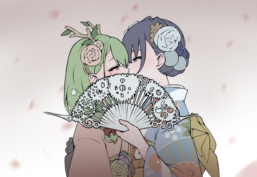 2girls, antlers, blue_eyes, blue_hair, ceres_fauna, fake_antlers, floral_print, flower, green_hair, hair_flower, hair_ornament, highres, hikigaya_0926, hololive, hololive_english, japanese_clothes, kimono, kiss, multiple_girls, ouro_kronii, pink_kimono, sash, virtual_youtuber, white_kimono, yellow_eyes, yuri