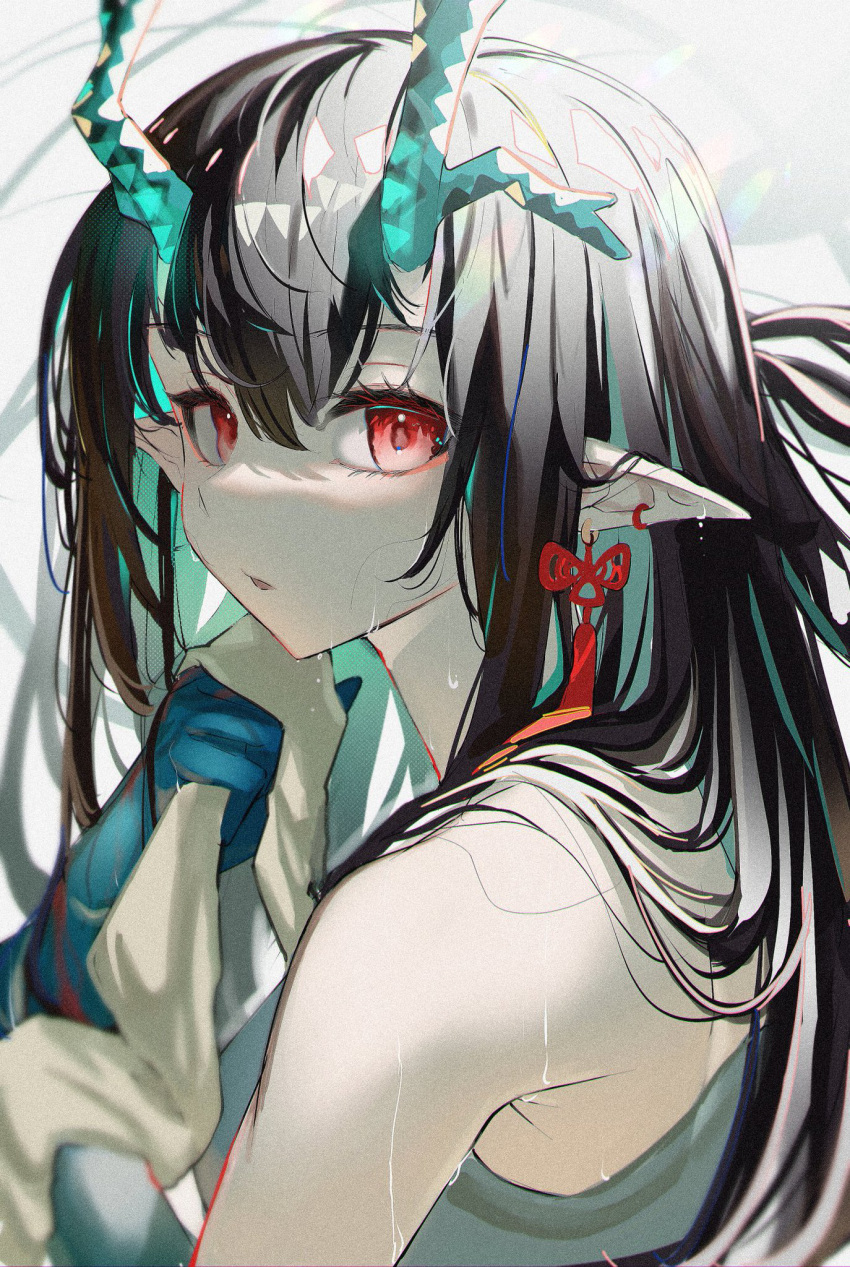 1girl, arknights, arm_tattoo, bare_shoulders, black_hair, colored_skin, dragon_horns, drying