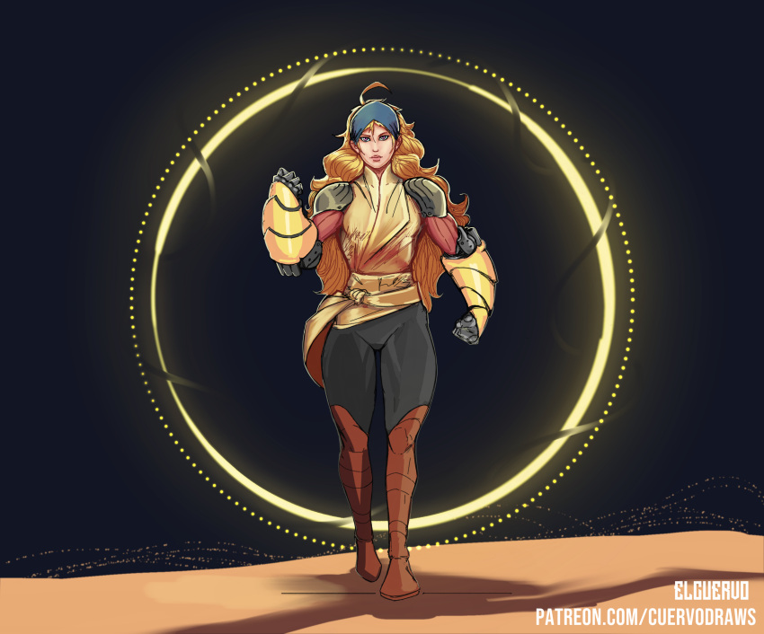 bandana, blonde_hair, boots, desert, el_cuervo, gauntlets, halo, highres