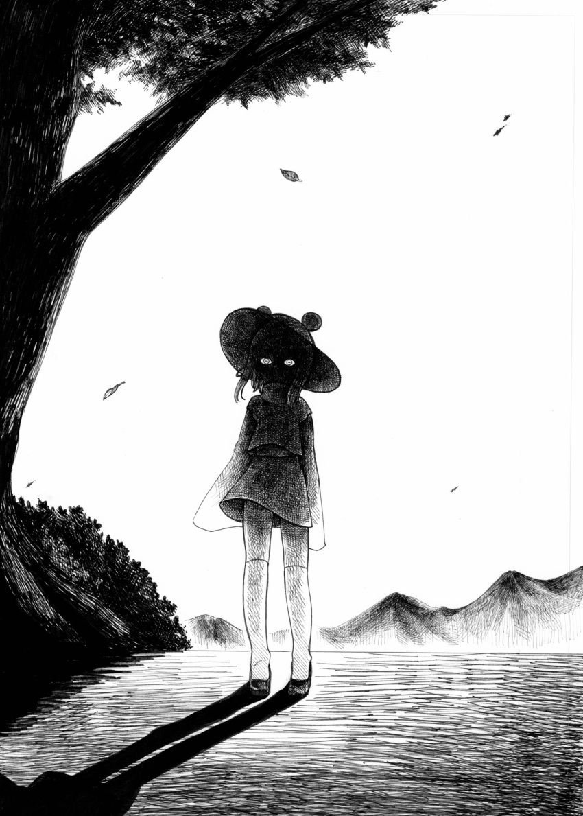 1girl, bush, eyes_in_shadow, greyscale, highres, horizontal_pupils, landscape, leaf