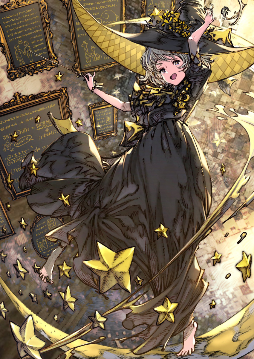 1girl, anklet, arm_up, barefoot, black_dress, blue_eyes, bracelet, chalkboard