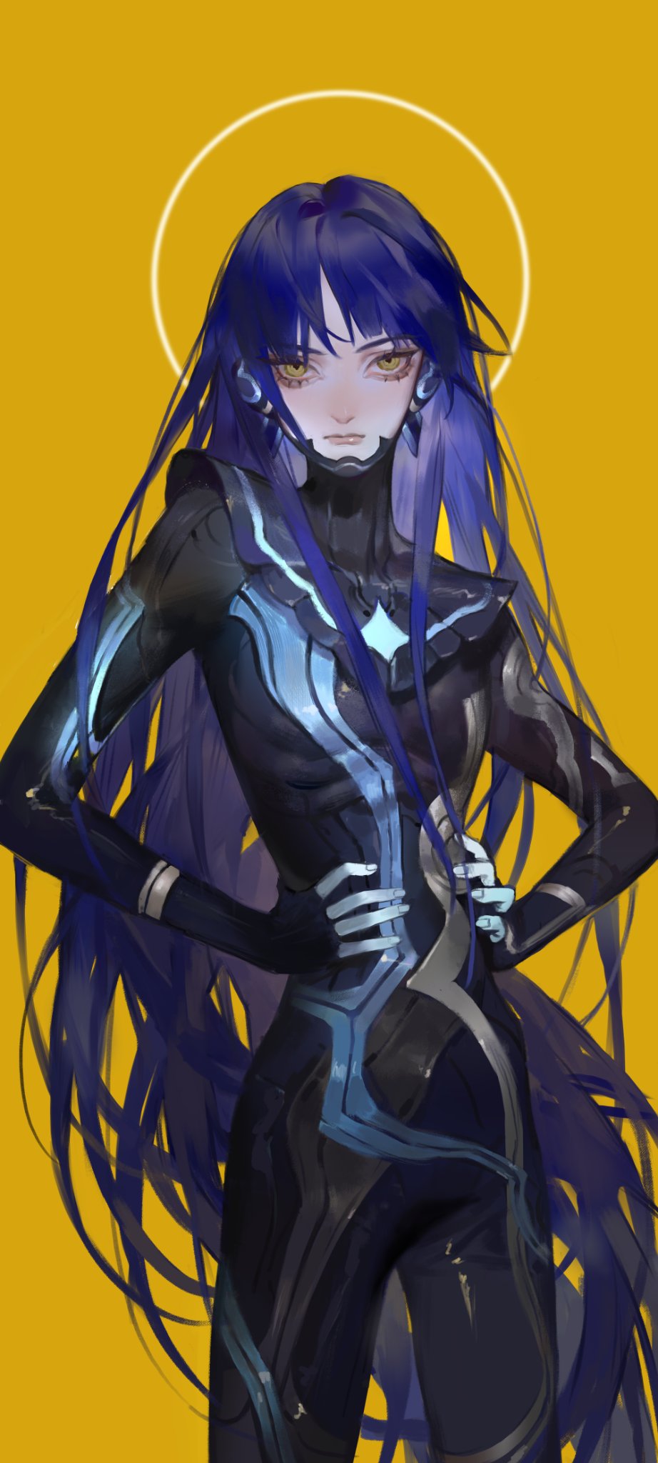 1boy, androgynous, armor, bangs, bodysuit, eyelashes, hands_on_hips, highres, lin09, long_hair, looking_at_viewer, male_focus, protagonist_(smtv), purple_hair, shin_megami_tensei, shin_megami_tensei_v, simple_background, solo, very_long_hair, yellow_eyes