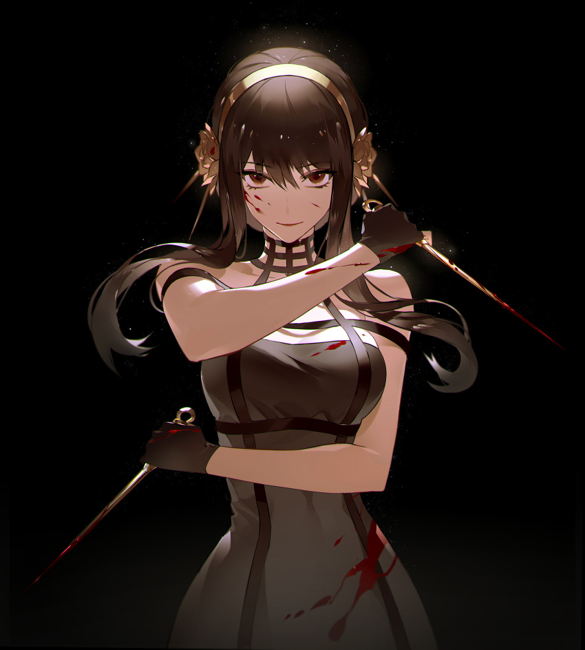 1girl, alternate_eye_color, bangs, bare_shoulders, black_background, black_dress, black_gloves, black_hair, blood, blood_on_clothes, blood_on_face, breasts, brown_eyes, commentary_request, dress, dual_wielding, eyebrows_visible_through_hair, gloves, hairband, highres, holding, holding_weapon, lao_bai_(pixiv36119836), looking_at_viewer, medium_breasts, reverse_grip, simple_background, smile, solo, spy_x_family, upper_body, weapon, yor_briar