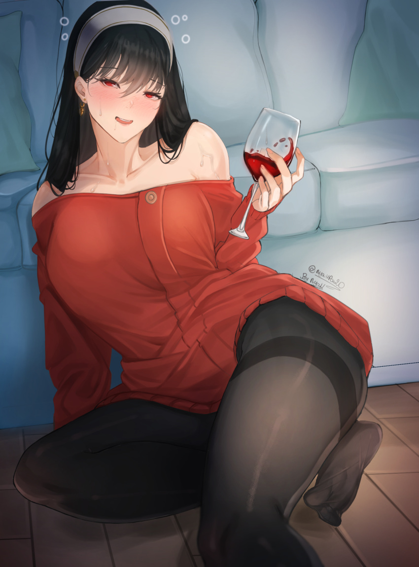 1girl, :d, alcohol, bangs, bare_shoulders, black_hair, black_legwear, blush, breasts, collarbone, commentary, couch, cup, dress, drinking_glass, drunk, earrings, foot_out_of_frame, grey_hairband, hair_between_eyes, hairband, hand_up, head_tilt, highres, holding, holding_cup, indoors, jewelry, large_breasts, long_hair, long_sleeves, looking_at_viewer, no_shoes, nyahpa20, off-shoulder_dress, off-shoulder_sweater, off_shoulder, open_mouth, pantyhose, red_dress, red_eyes, red_sweater, sitting, smile, solo, spy_x_family, sweater, sweater_dress, thighband_pantyhose, thighs, wine, wine_glass, yor_briar