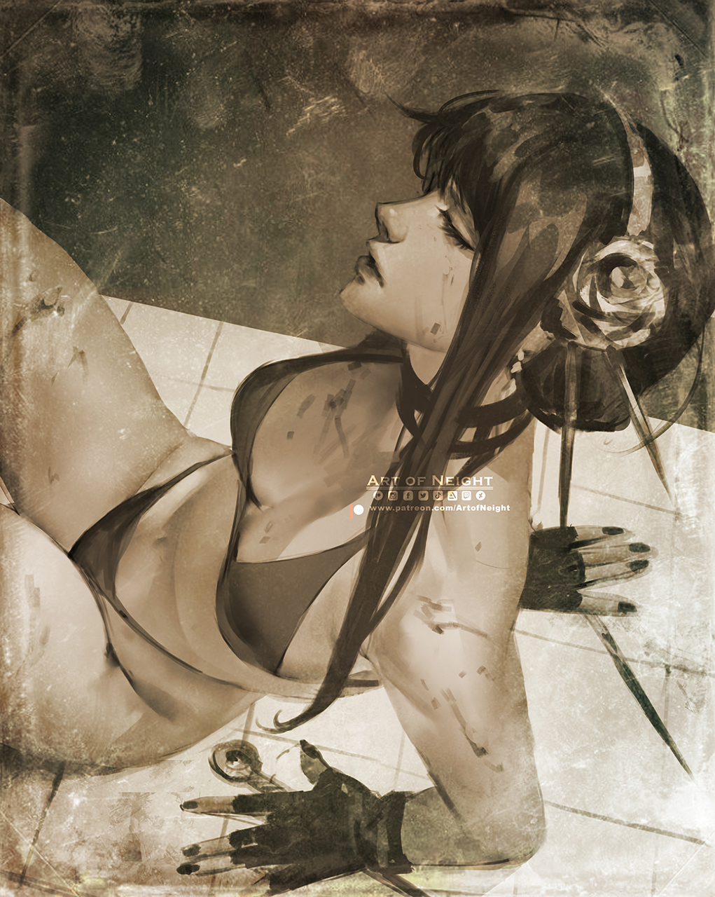 1girl, artist_name, bare_shoulders, bikini, black_bikini, blood, blood_on_arm, blood_on_breasts