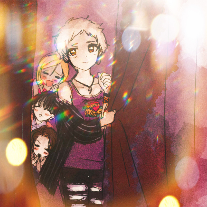 24takokai10, bangs, curtains, exposed_shoulders, fujimoto_rina, grey_hair, idolmaster, idolmaster_cinderella_girls, jewelry, kishibe_ayaka, lights, matsubara_saya, multiple_girls, necklace, orange_eyes, senzaki_ema, short_hair, sleeveless, striped, striped_legwear