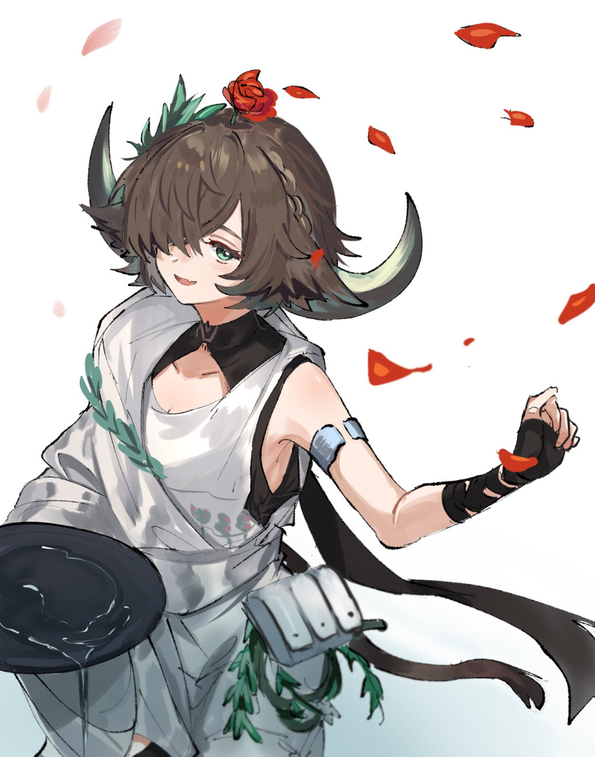 1girl, animal_ears, arknights, armband, black_gloves, black_ribbon, cow_ears, cow_girl