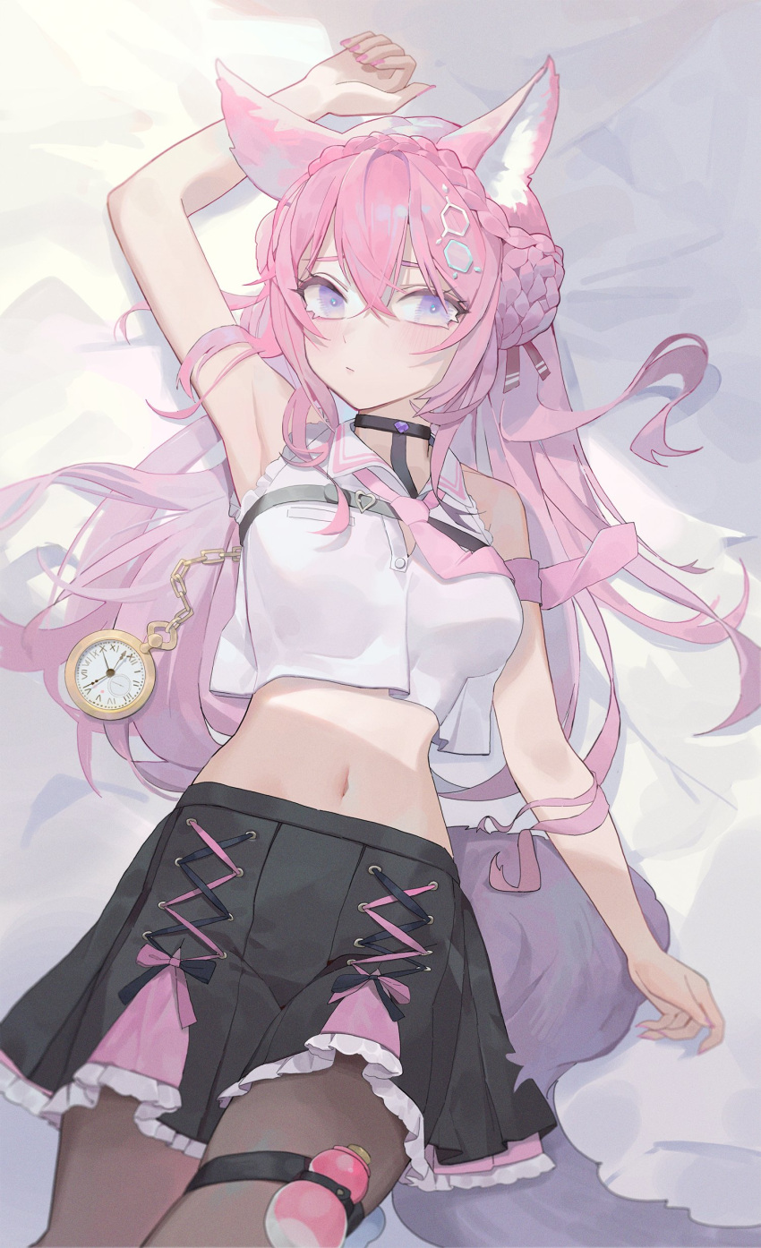 1girl, absurdres, arm_up, armpits, bangs, bed_sheet, black_choker, black_skirt