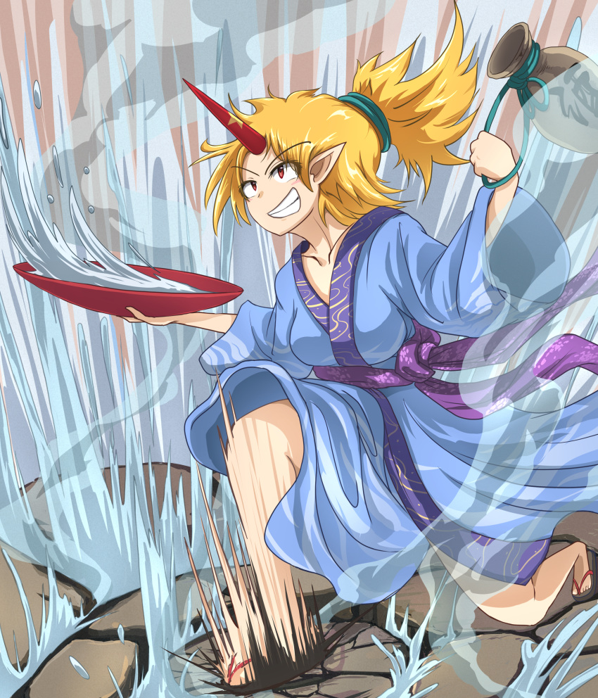 1girl, absurdres, blonde_hair, blue_kimono, breasts, commentary_request, cup, eyebrows_visible_through_hair