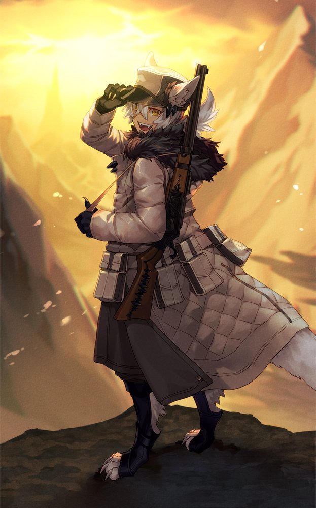 1boy, animal_ears, animal_feet, black_gloves, claws, fangs, fingernails, full_body