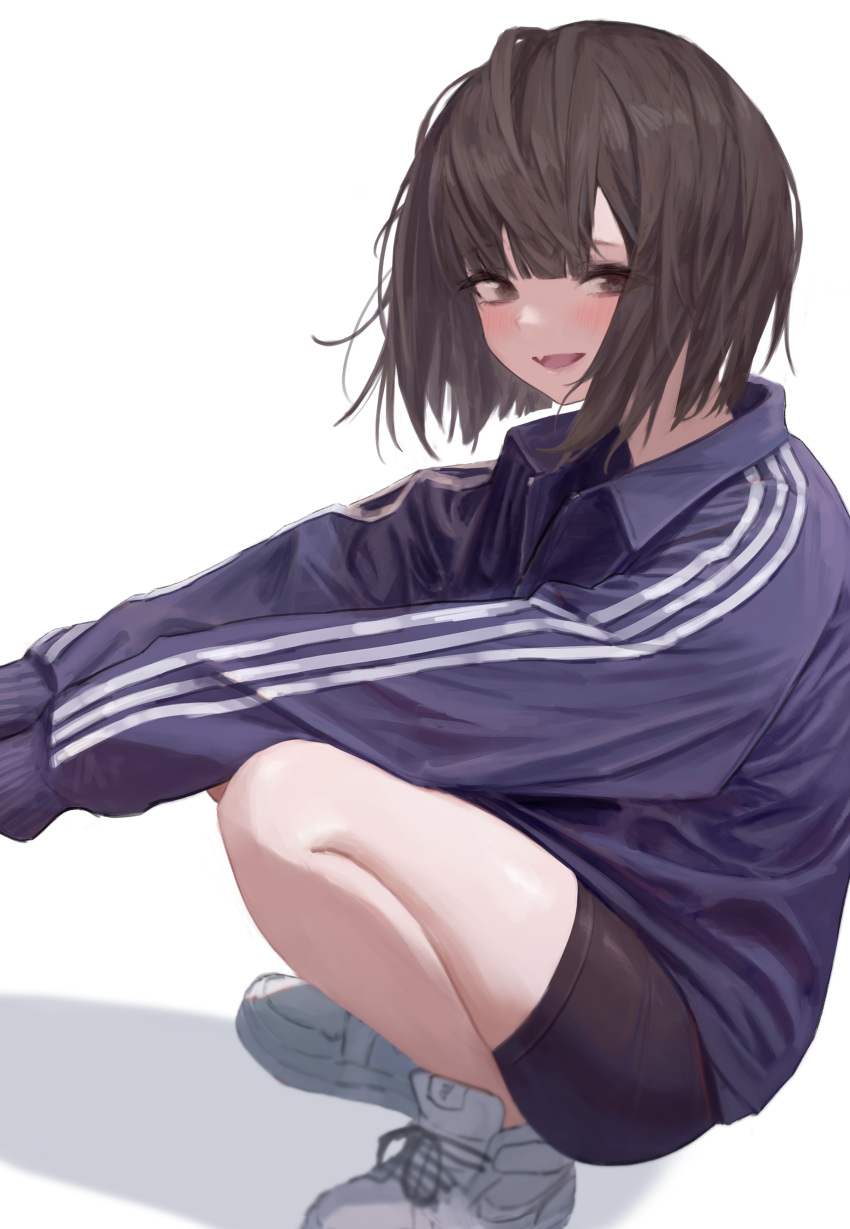 1girl, absurdres, bangs, bike_shorts, black_hair, blue_jacket, brown_eyes, english_commentary, fang, highres, hwoi_(hw_123), jacket, long_sleeves, looking_at_viewer, open_mouth, original, shadow, shoes, short_hair, simple_background, skin_fang, sneakers, solo, squatting, track_jacket, white_background, white_footwear