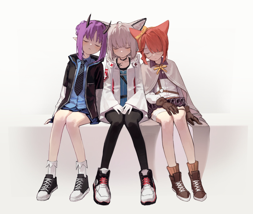 3girls, absurdres, animal_ears, arknights, bandages, bangs, black_gloves, black_legwear