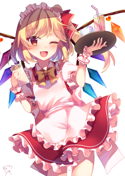 1girl, ;d, alternate_costume, apron, bangs, blonde_hair, chisiro_unya_(unya_draw), cowboy_shot