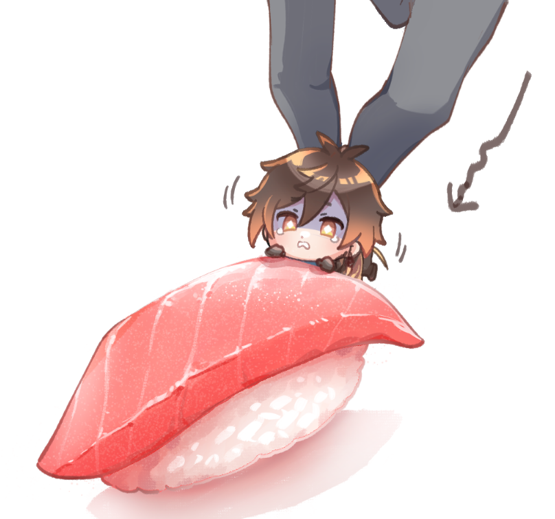 1boy, 1other, bangs, black_gloves, black_hair, brown_hair, chibi, commentary_request