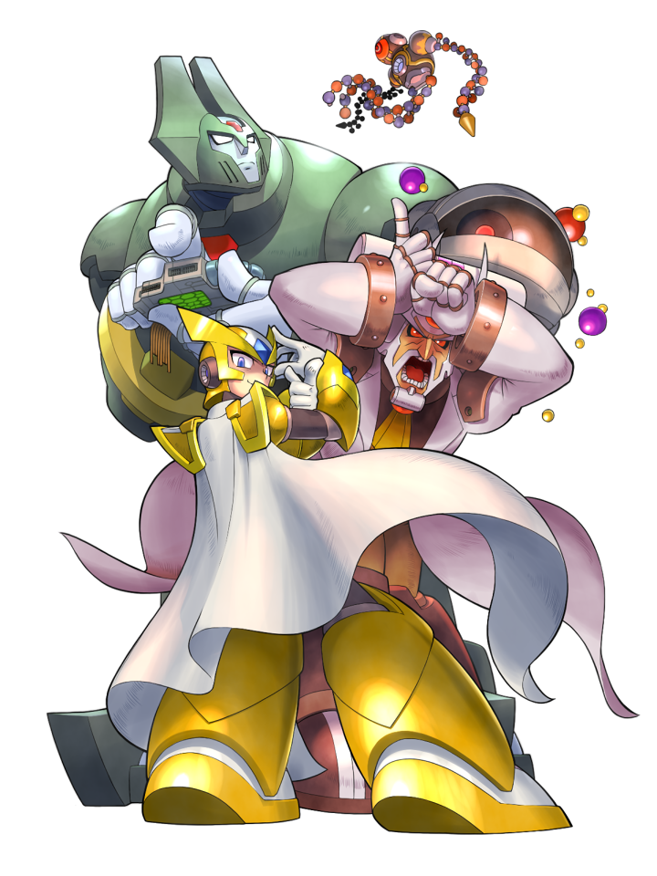 3boys, android, armor, arms_up, blue_eyes, cape, closed_mouth, commentary_request