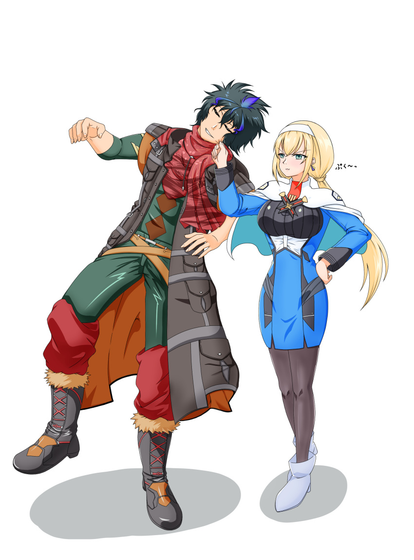 1boy, 1girl, absurdres, aqua_eyes, black_hair, black_jacket, black_legwear, blonde_hair