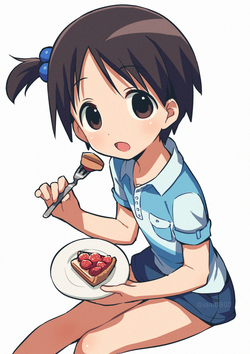 1girl, asada_hachi, bangs, banned_artist, blue_shirt, blue_shorts, brown_eyes, brown_hair