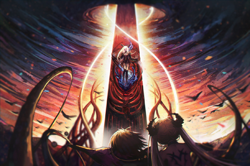 1boy, 2girls, black_hair, clouds, colored_skin, dimension_walker_(dungeon_and_fighter), dungeon_and_fighter, floating