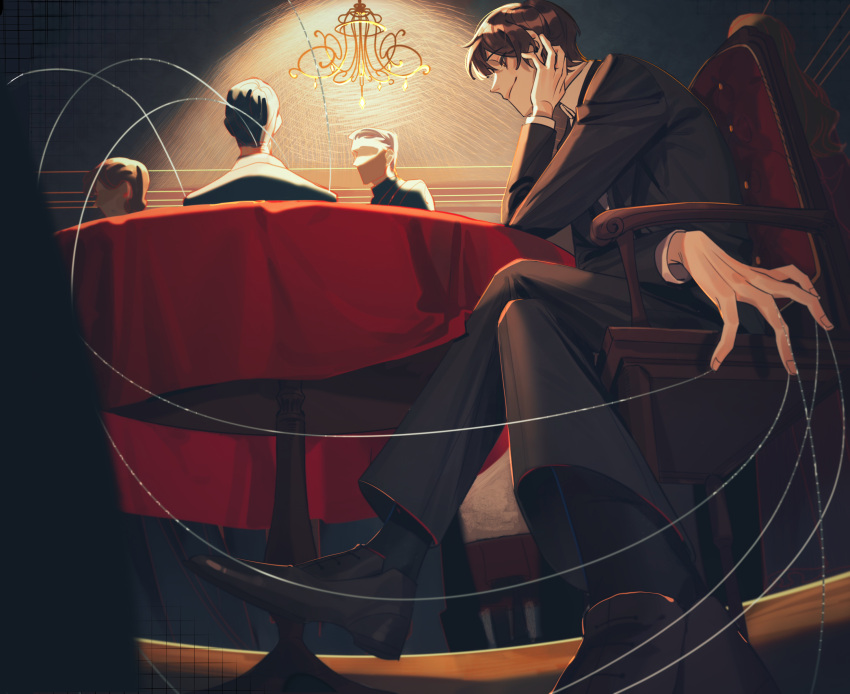 1girl, 3boys, 86073556, absurdres, black_footwear, black_hair, black_jacket, black_pants, blonde_hair, brown_eyes, brown_hair, chair, chandelier, chinese_commentary, commentary_request, crossed_legs, earrings, faceless, faceless_female, faceless_male, hand_on_own_cheek, hand_on_own_face, highres, jacket, jewelry, klein_moretti, lord_of_the_mysteries, multiple_boys, nail, pants, shirt, short_hair, sitting, smile, string, table, tablecloth, wall, white_shirt, wooden_floor