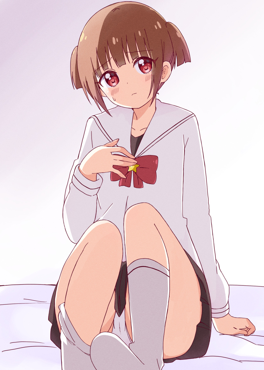 1girl, absurdres, blonde_hair, blush, commentary_request, gradient, gradient_background, highres, kneehighs, kurumi_(yuru_yuri), long_sleeves, looking_at_viewer, loose_socks, mesushio, pleated_skirt, red_eyes, school_uniform, serafuku, shadow, short_hair, short_twintails, sitting, skirt, solo, sweatdrop, twintails, white_background, white_legwear, yuru_yuri