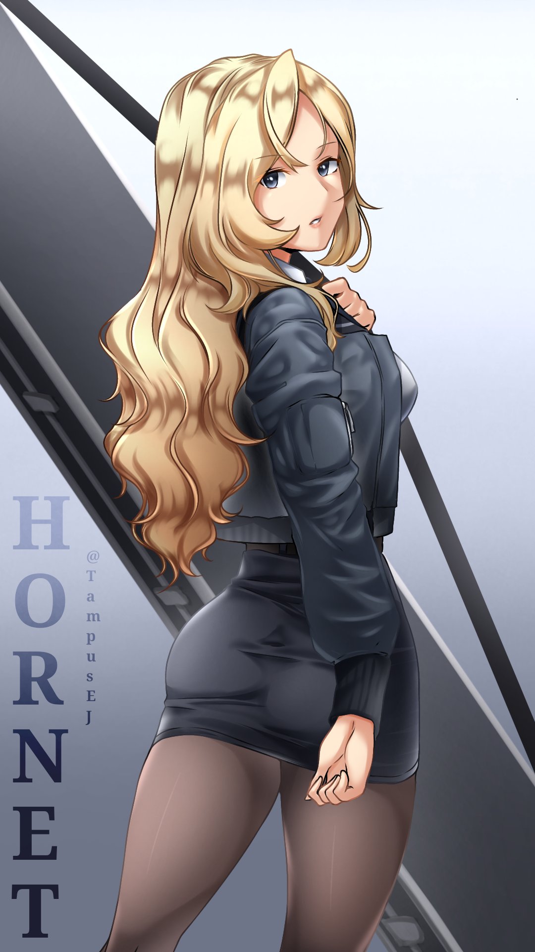 1girl, ass, belt, belt_buckle, black_belt, black_jacket, black_legwear, black_necktie, black_skirt, blonde_hair, bomber_jacket, breasts, buckle, character_name, cowboy_shot, grey_eyes, gun_case, highres, hornet_(kancolle), jacket, kantai_collection, kazaharu_matsuhata, large_breasts, lips, long_hair, long_sleeves, looking_at_viewer, necktie, pantyhose, pencil_skirt, shirt, skirt, sleeveless, sleeveless_shirt, solo, twitter_username, white_shirt