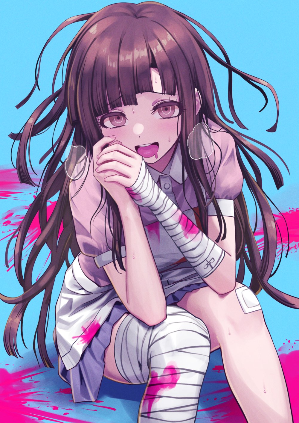 1girl, :d, apron, bandaged_arm, bandaged_leg, bandages, bandaid, bandaid_on_knee