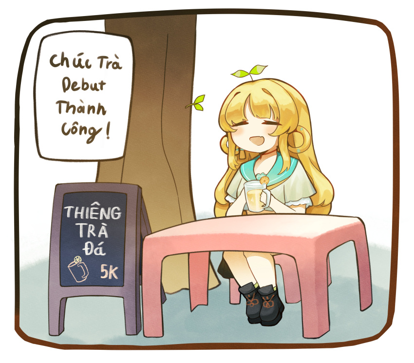 1girl, absurdres, bangs, blonde_hair, boots, character_name, closed_eyes, cup