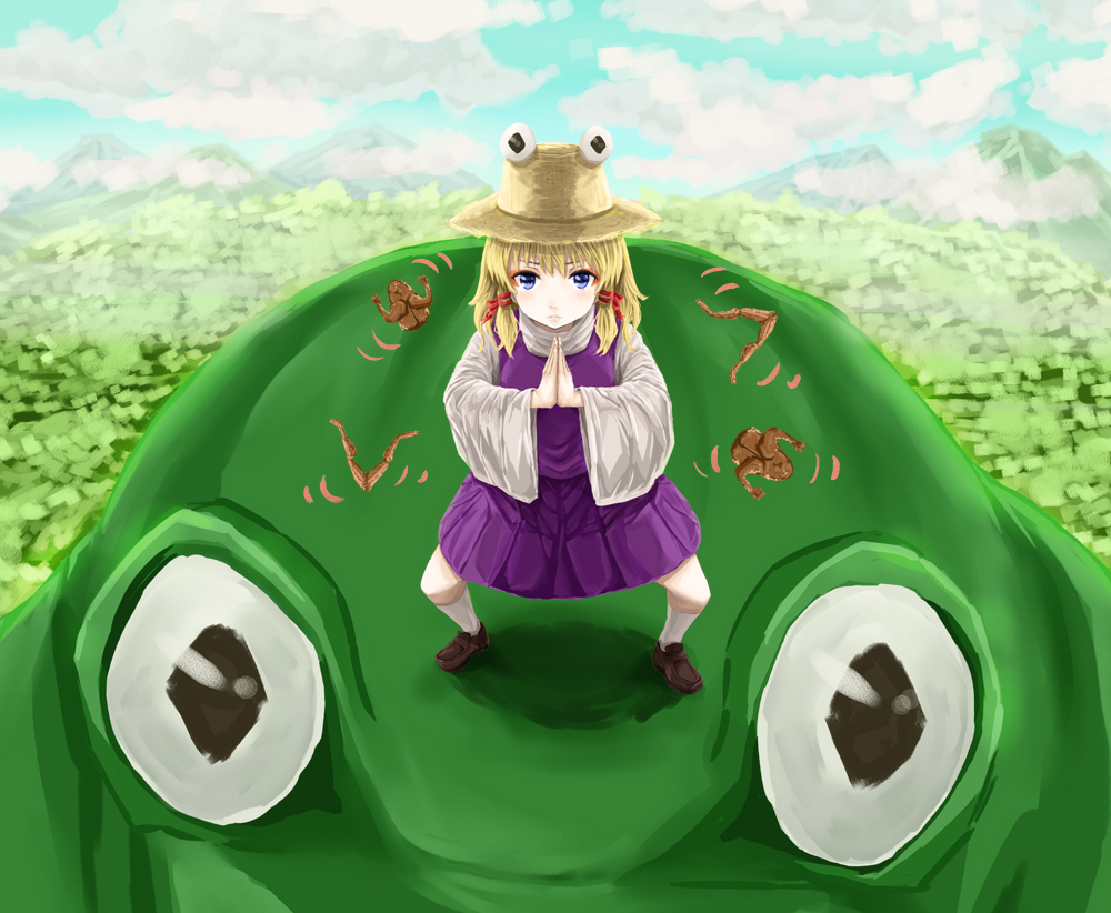 1girl, animal, bangs, blonde_hair, blue_eyes, blue_sky, brown_footwear, closed_mouth