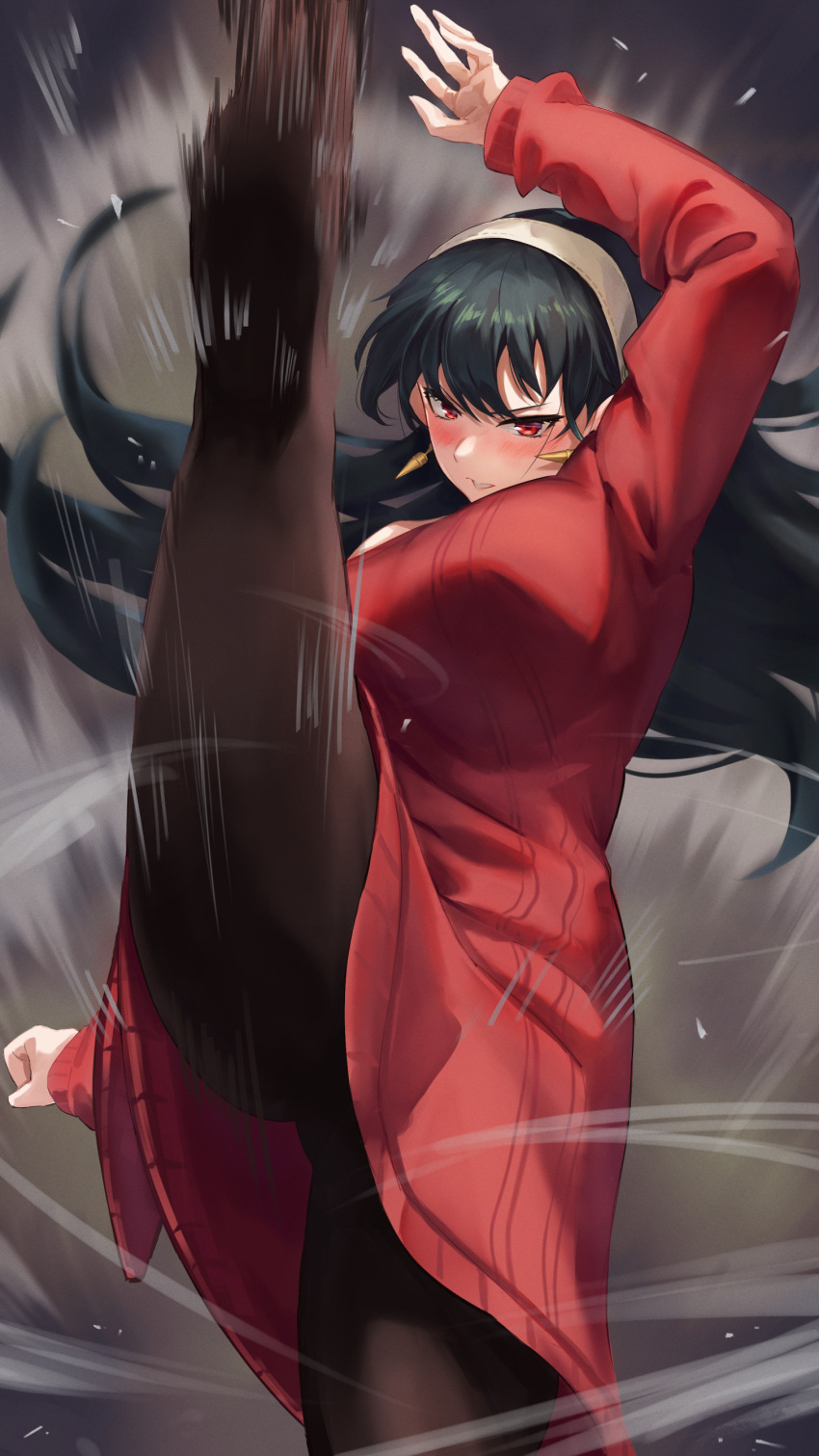 absurdres, bangs, black_hair, black_legwear, blush, breasts, dress, duplicate, earrings, gold_earrings, highres, jewelry, kicking, large_breasts, long_hair, long_sleeves, looking_at_viewer, pixel-perfect_duplicate, red_eyes, red_sweater, sakazuki_sudama, smoke, speed_lines, spread_legs, spy_x_family, sweater, sweater_dress, thick_thighs, thighs, yor_briar