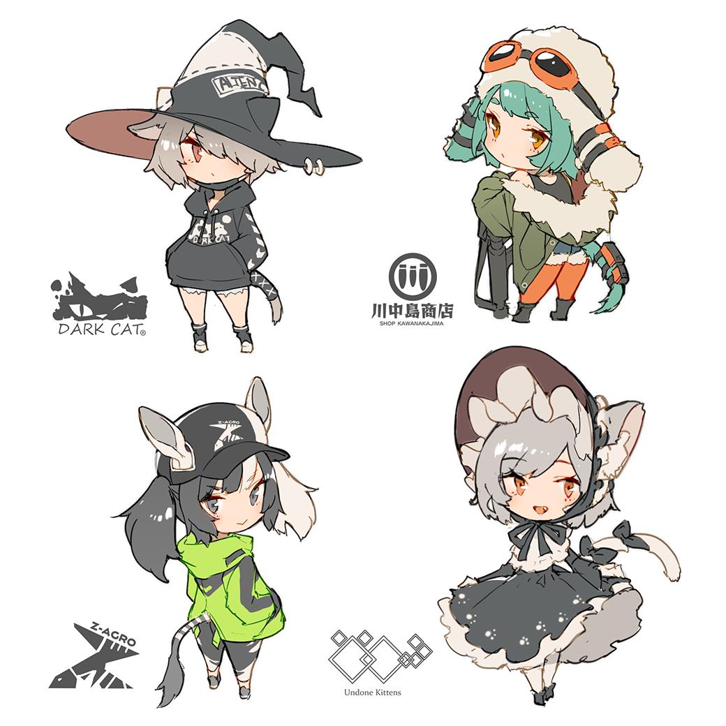 4girls, :>, animal_ear_fluff, animal_ears, animal_hood, bare_shoulders, baseball_cap, black_bow, black_footwear, black_hair, black_headwear, black_hoodie, black_ribbon, blush, bow, chibi, closed_mouth, clothes_writing, dress, english_text, eyebrows_visible_through_hair, fang, frills, fur-trimmed_hood, fur_trim, goggles, goggles_on_headwear, green_hair, green_jacket, grey_background, grey_hair, gun, hair_over_one_eye, hands_in_pockets, hat, hood, hood_down, hoodie, jacket, kemono_fabric, leaning, leaning_forward, light_green_hair, long_hair, mask, mogumo, mouth_mask, multicolored_hair, multiple_girls, open_mouth, orange_eyes, orange_goggles, orange_legwear, original, paw_print, pink_eyes, pouch, ribbon, short_eyebrows, short_hair, simple_background, smile, standing, streaked_hair, tail, tail_bow, tail_ornament, twintails, weapon, white_legwear, witch_hat