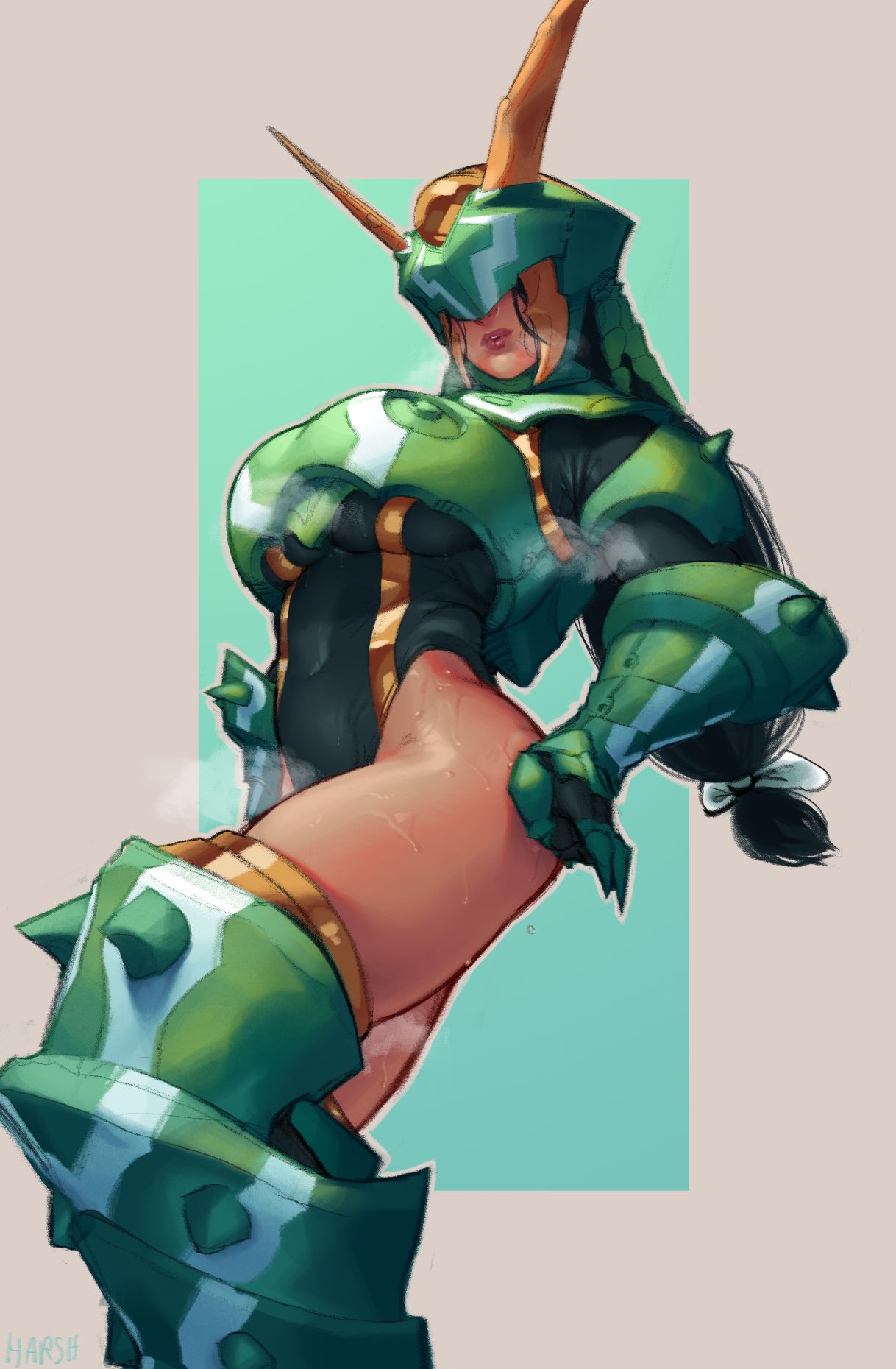 1girl, aqua_background, armor, armored_boots, black_hair, black_leotard, boobplate, boots, border, breasts, commission, covered_navel, dark-skinned_female, dark_skin, english_commentary, fake_horns, gauntlets, green_armor, grey_border, hair_ribbon, harsh-mallowz, helmet, highres, horned_helmet, horns, large_breasts, leotard, lips, long_hair, low-tied_long_hair, monster_hunter_(series), monster_hunter_4_g, one_eye_covered, outside_border, ribbon, second-party_source, seltas_(armor), solo, steaming_body, sweat, thick_thighs, thigh-highs, thigh_boots, thighs