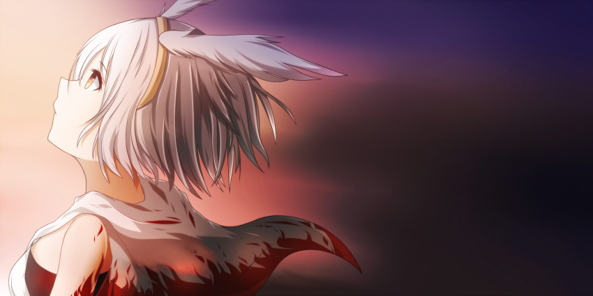 1girl, bangs, brown_eyes, brown_hairband, closed_mouth, commentary, expressionless, eyebrows_visible_through_hair, fake_wings, flame_print, hair_between_eyes, hairband, head_wings, highres, looking_up, official_alternate_costume, ragnarok_online, shirt, sleeveless, sleeveless_shirt, solo, sura_(ragnarok_online), upper_body, white_hair, white_shirt, wings, xiya_yumiko