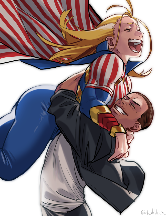 1boy, 1girl, artist_name, bangs, black_jacket, black_pants, blonde_hair, blue_bodysuit