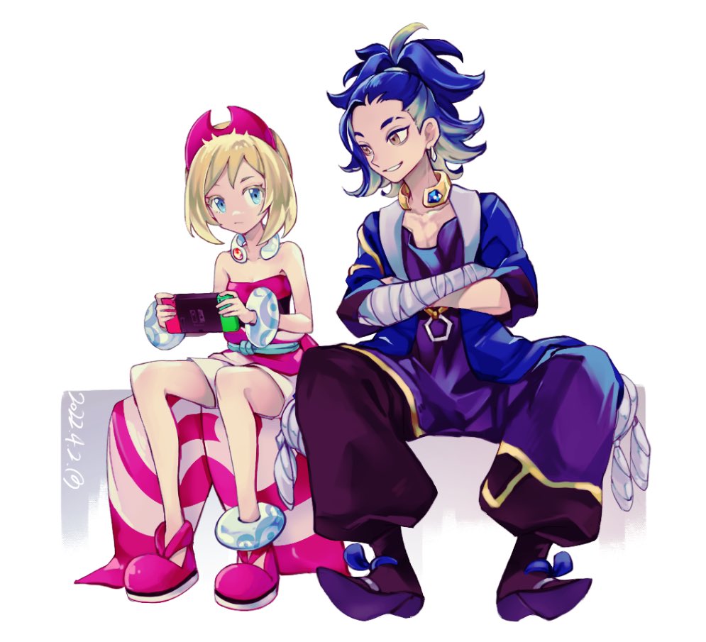 1boy, 1girl, adaman_(pokemon), anklet, blonde_hair, blue_coat, blue_eyes, blue_hair, closed_mouth, coat, collar, crossed_arms, earrings, eyelashes, hairband, handheld_game_console, holding, holding_handheld_game_console, irida_(pokemon), jewelry, mmm_unicorn, nintendo_switch, parted_lips, pokemon, pokemon_(game), pokemon_legends:_arceus, ponytail, sash, shirt, shoes, short_hair, shorts, sitting, smile, strapless, strapless_shirt, twitter_username, white_background
