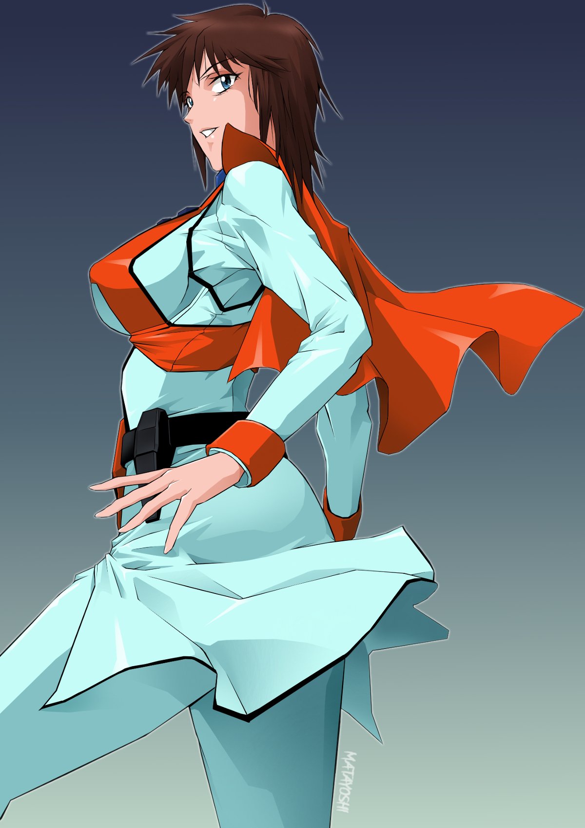 1girl, artist_name, bangs, blue_eyes, bodysuit, breasts, brown_hair, capelet
