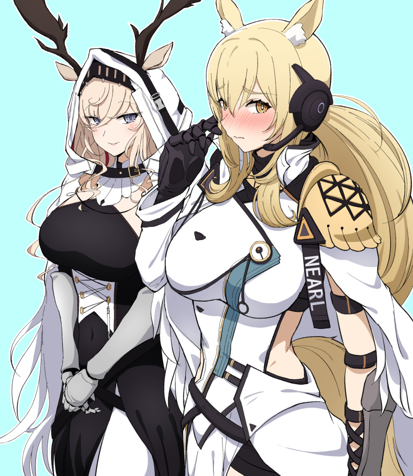 2girls, animal_ears, antler_grab, arknights, arm_guards, armor, bangs, black_dress