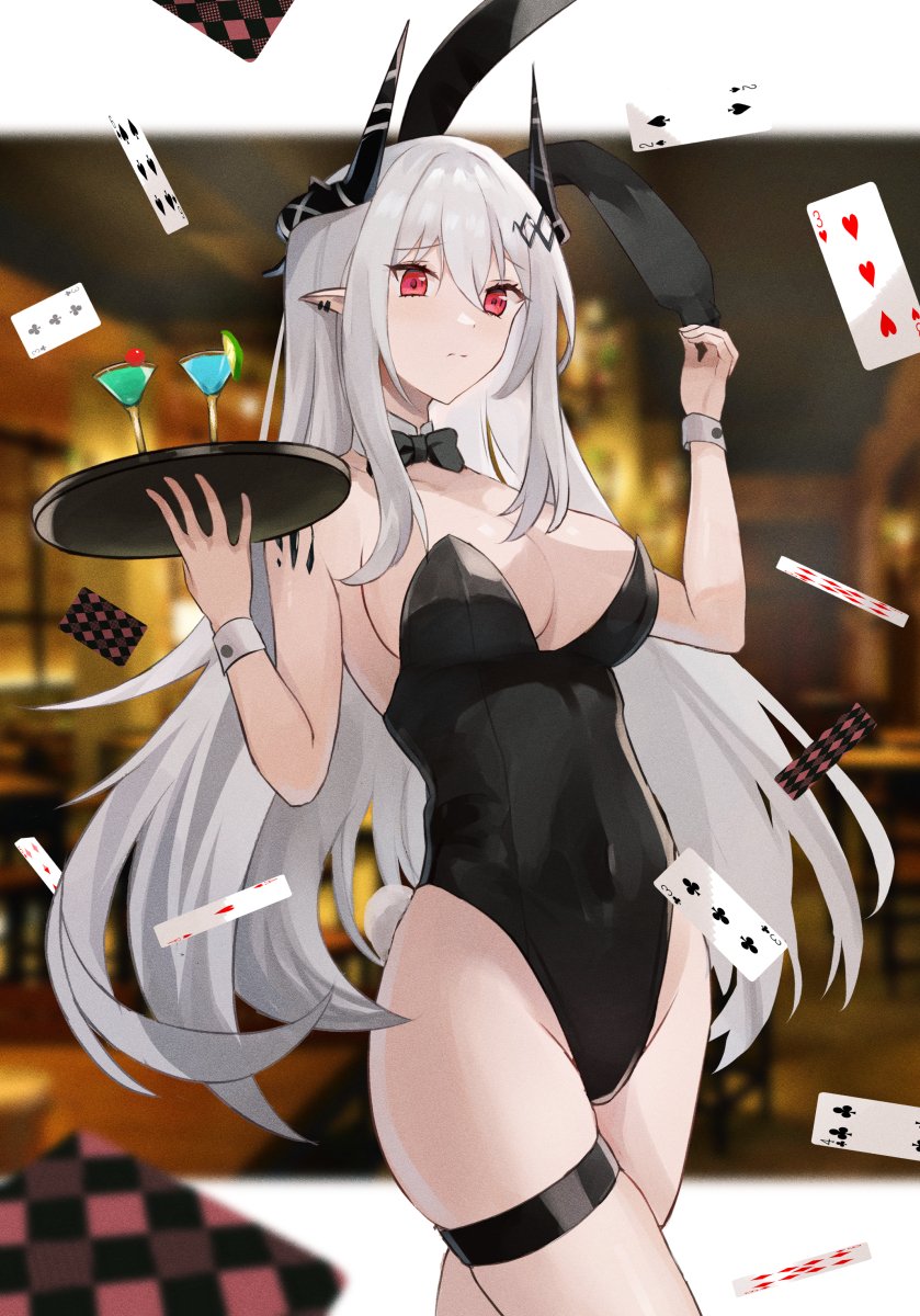 1girl, arknights, bow, bowtie, card, cocktail_glass, cowboy_shot, cup, drinking_glass, highres, horns, mudrock_(arknights), multico, oripathy_lesion_(arknights), playboy_bunny, playing_card, pointy_ears, red_eyes, tray, white_hair